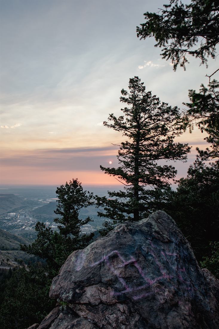 Sunset framed by pine trees from Lookout Mountain